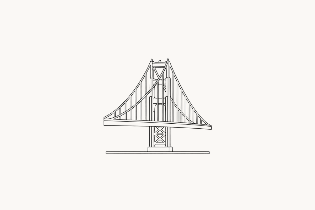 Golden Gate Bridge icon. black and white only. clean thin lines